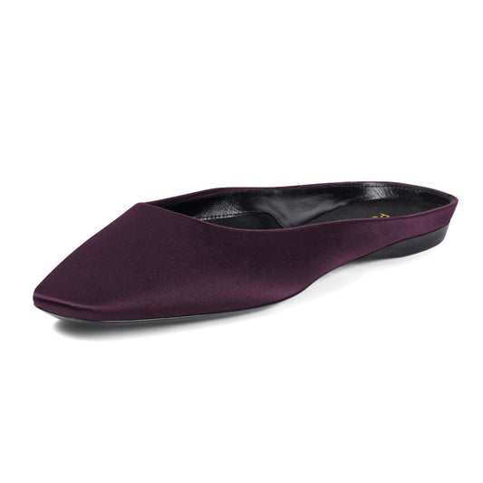 Dark Purple Satin Square Toe Slip-On Flat Simple Mules for Women