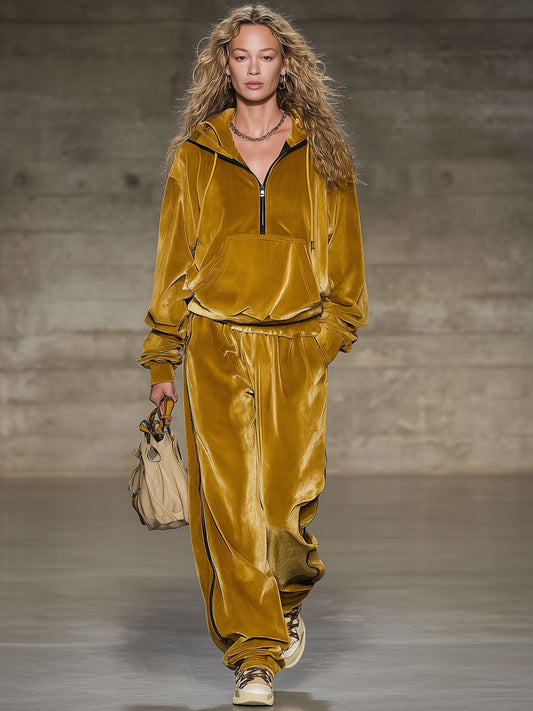 Fashion Retro Gold Velvet Hooded Sweatshirt Wide-Leg Pants Sports Set