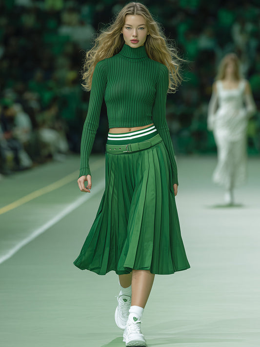 Fashionable And Vibrant Green Turtleneck Knitted Top Pleated Skirt Set