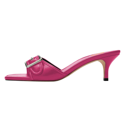Fuchsia Square Toe Kitten Heel Buckle Mule Shoes for Women
