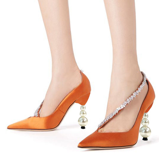 Elegant Satin Pointed Toe Pearl Decorative Heel Pumps Shoes in Orange