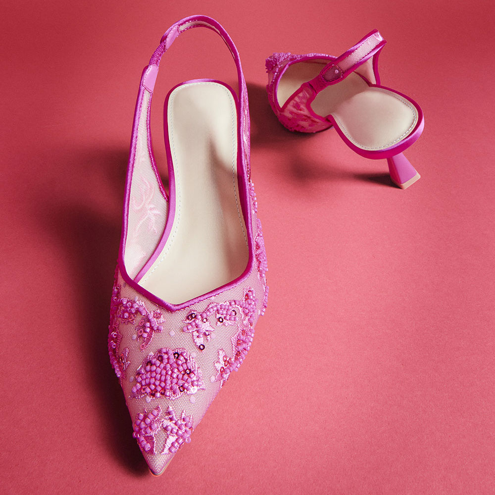 Fuchsia Mesh Beads Sequins Pointed Toe Flared Heel Slingback Shoes