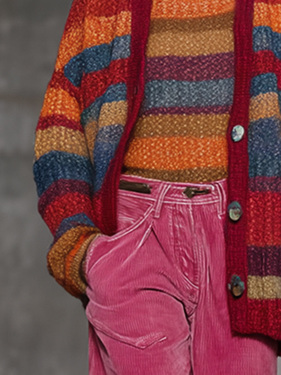 Fashion Retro Rainbow Striped Knitted Button Cardigan