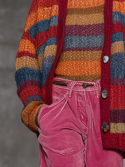 Fashion Retro Rainbow Striped Knitted Button Cardigan