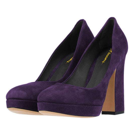 Dark Purple Vegan Suede Round Toe Chunky Heel Platform Pumps Shoes