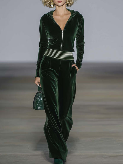 Elegant Retro Sporty Dark Green Velvet Hooded Front Zip Top And Pants Set
