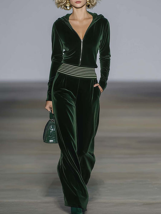 Elegant Retro Sporty Dark Green Velvet Hooded Front Zip Top And Pants Set