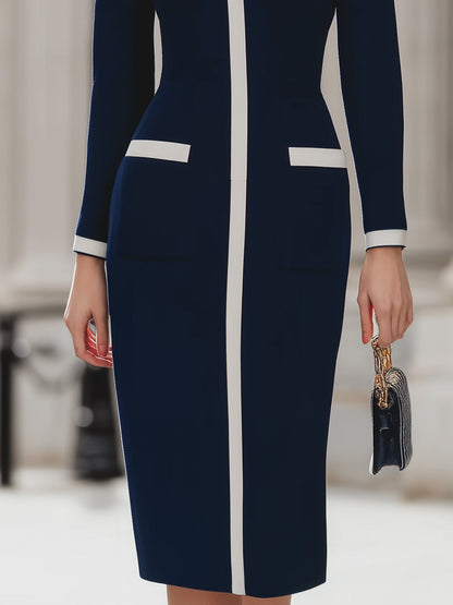 Elegant Navy Contrast-Trim Midi Dress With Structured Silhouette