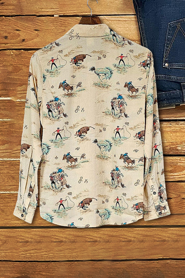 Western Retro Print Button-Down Shirt