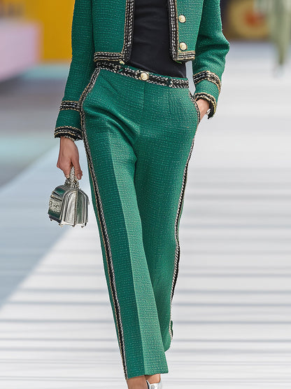 Elegant And Exquisite Green Tweed Short Jacket And Trousers Set