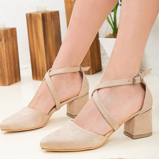 Beige Almond Toe Block Heel Buckle Criss-Cross Strap Pumps for Women