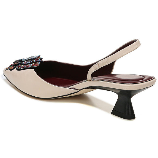 Beige Pointed Toe Kitten Heel Slingback Pumps with Butterfly