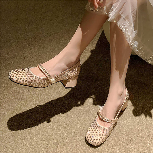 Beige Mesh Closed Toe Chunky Heel Rhinestone Pumps
