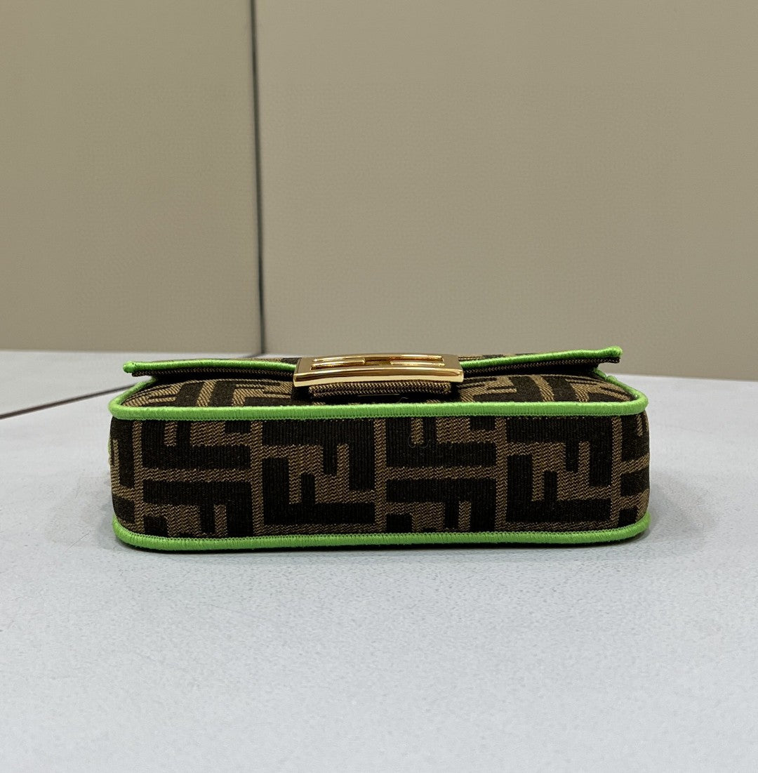 FI Baguette Small Brown Fabric Green Border Bag For Woman 18cm/7in