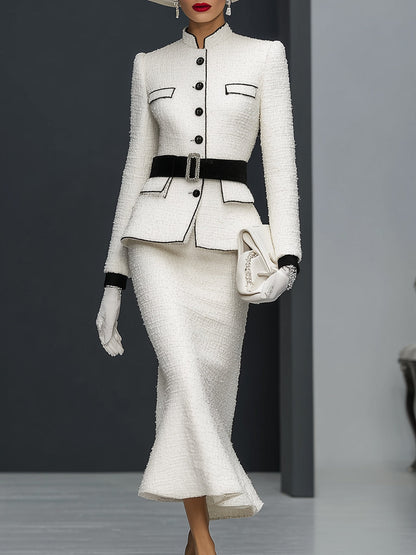 White Tweed Patchwork Black Ribbon Jacket And Fishtail Skirt Suit