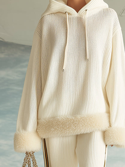 Fashionable And Casual Cream White Hooded Knitted Fur Trim Sweatshirt Wide-leg Pants Set