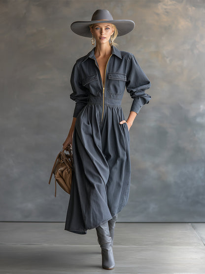 Fashionable Casual Lapel Front Zipper Pocket Gray Denim Long Sleeve Maxi Dress
