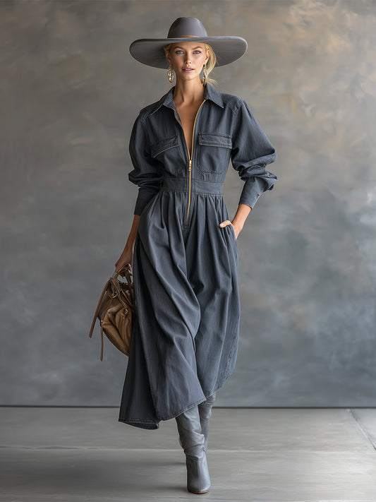 Fashionable Casual Lapel Front Zipper Pocket Gray Denim Long Sleeve Maxi Dress