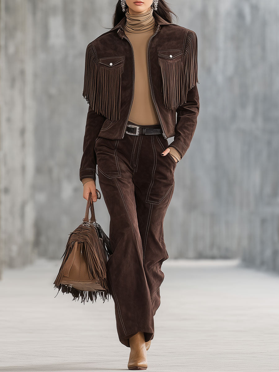 Western Vintage Cocoa Brown Faux Suede Tassel Jacket Straight Pants Set