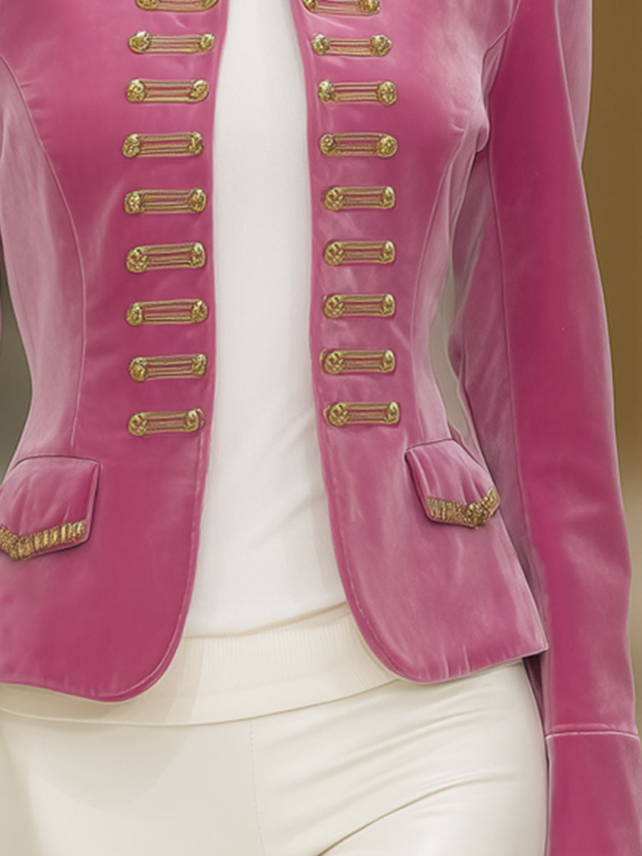 Elegant Pink Velvet Stand Collar Pocket Jacket