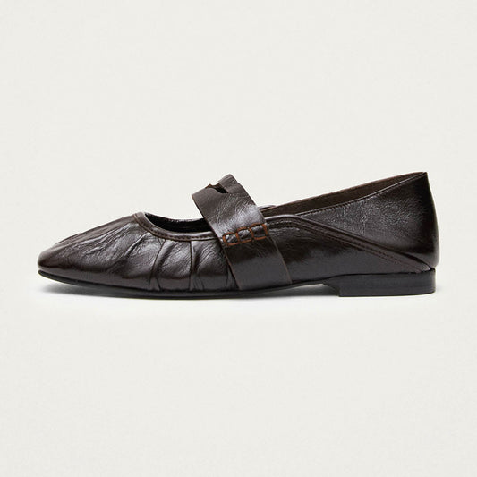 Dark Brown Strap Mary Jane Square Toe Ballet Flats for Women