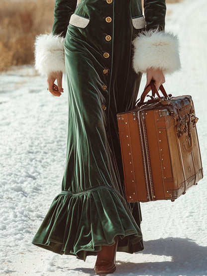 Fashion Retro Dark Green Velvet Faux Fur Collar Ruffled Maxi Dress