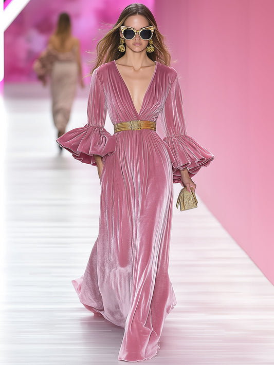 Elegant And Gorgeous Pink V-neck Velvet Long-sleeved Maxi Dress