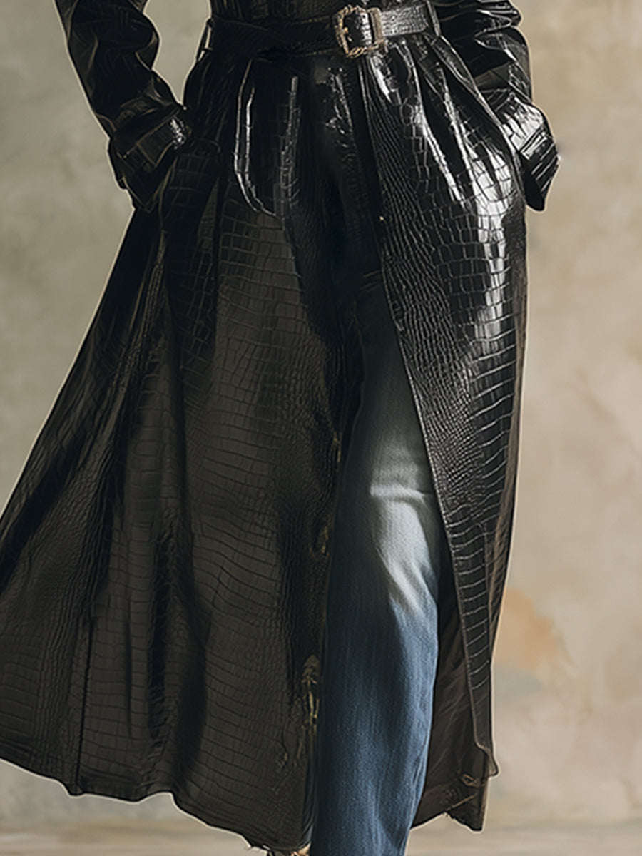Elegant High-end Black Eco-friendly Crocodile Leather Belt Trench Coat