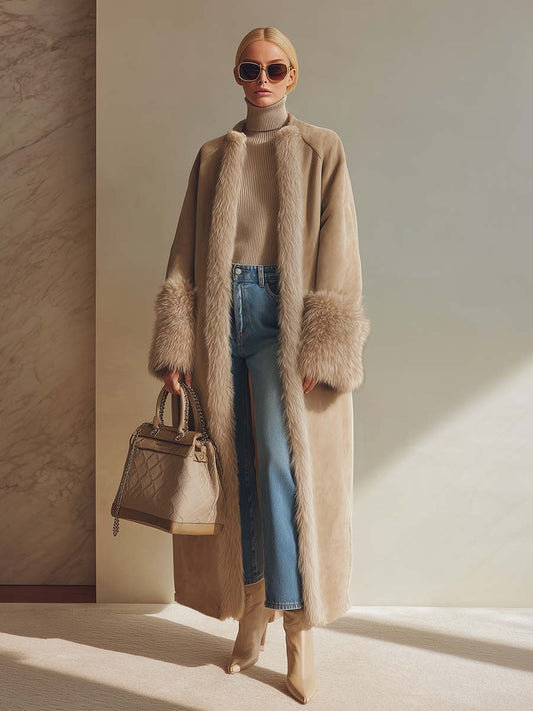 Elegant High-end Faux Fur Trim Apricot Fleece-lined Faux Suede Long Coat