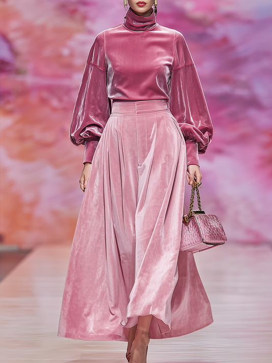 Elegant Velvet Stand-up Collar Long-sleeved T-shirt And Skirt Set