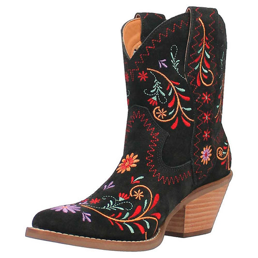 Almond Toe Colorful Floral Embroidered Cowgirl Boots in Black