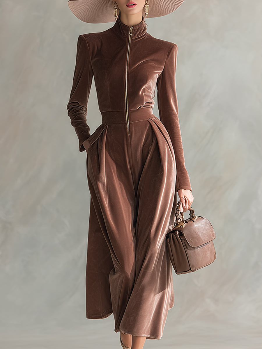Exquisite And Elegant Stand-up Collar Front Zipper Light Brown Velvet Long-sleeved Maxi Dress