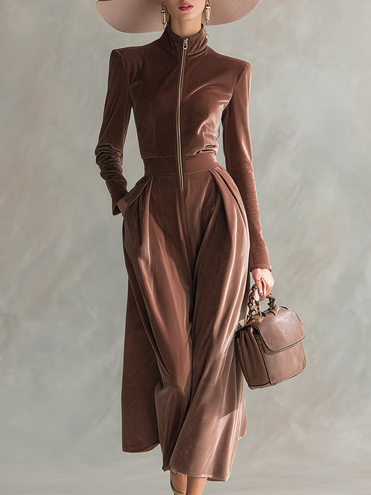 Exquisite And Elegant Stand-up Collar Front Zipper Light Brown Velvet Long-sleeved Maxi Dress