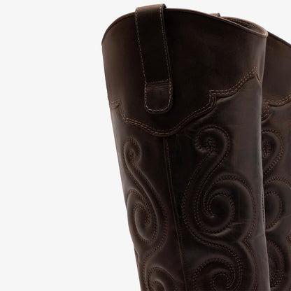 Dark Brown Chunky Heel Women's Western Boots with Embroidery