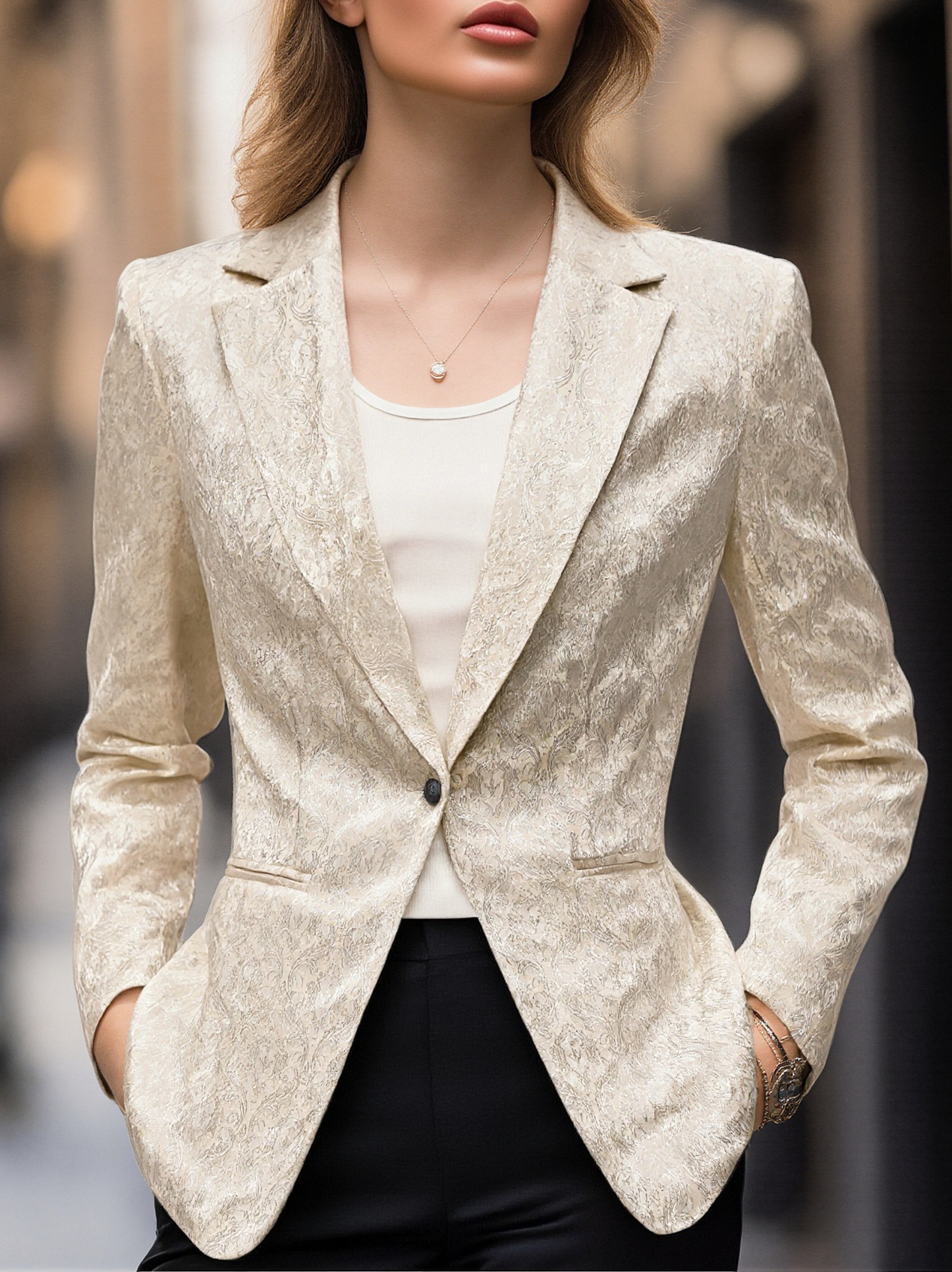 Beige Jacquard Single-Breasted Blazer
