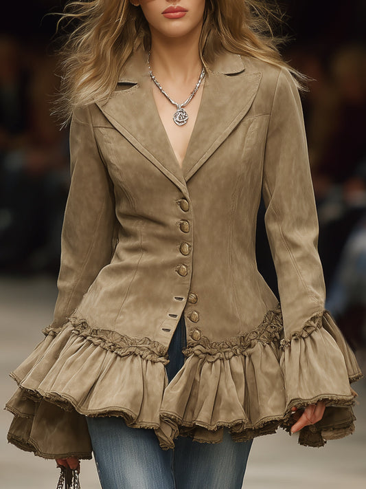 Elegant Vintage Ruffled Hem Khaki Faux Suede Blazer