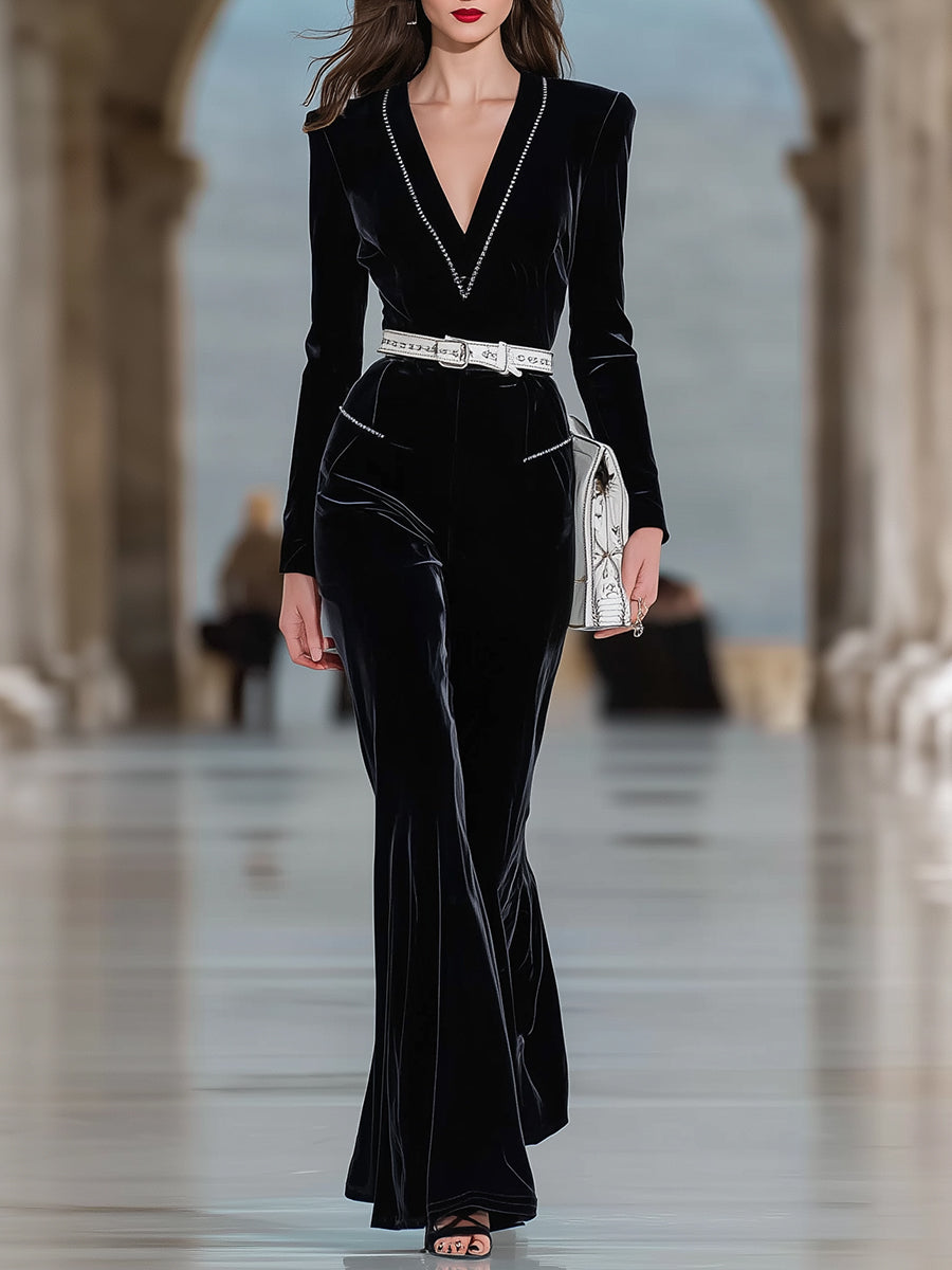 Elegant Black Velvet V-neck Flared Jumpsuit