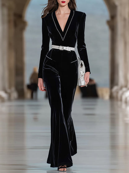 Elegant Black Velvet V-neck Flared Jumpsuit