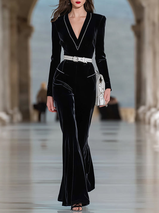 Elegant Black Velvet V-neck Flared Jumpsuit