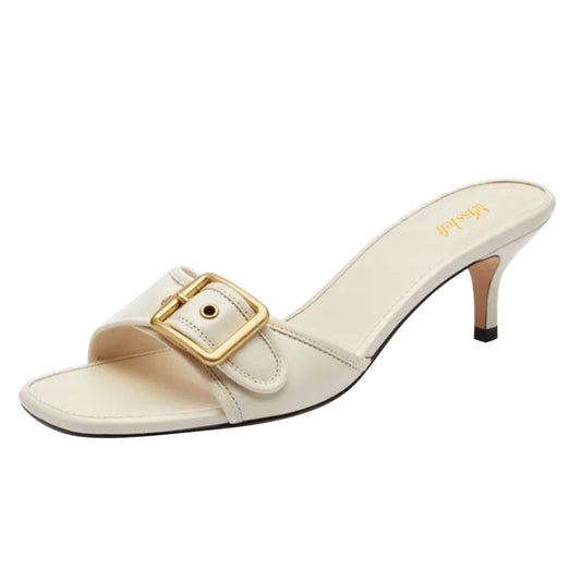 Elegant Ivory Square Toe Mid Kitten Heel Women's Mules Shoes