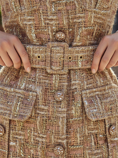 Elegant Vintage Gold Tweed Midi Dress