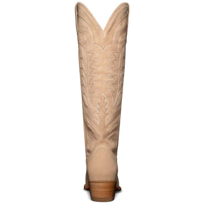 Beige Embroidered Almond Toe Chunky Heel Knee-High Cowgirl Boots