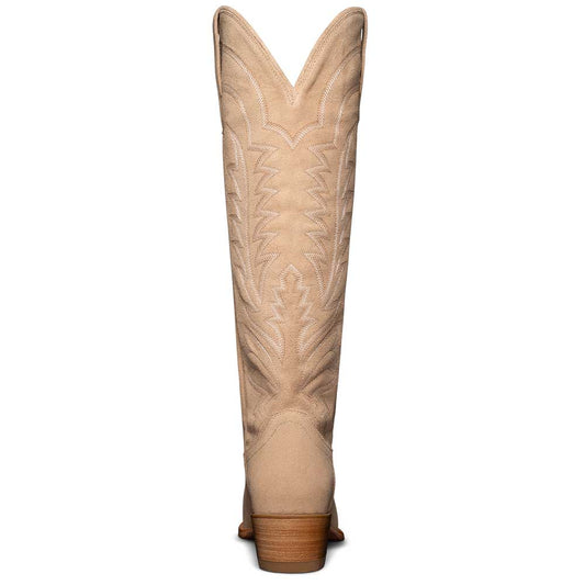 Beige Embroidered Almond Toe Chunky Heel Knee-High Cowgirl Boots