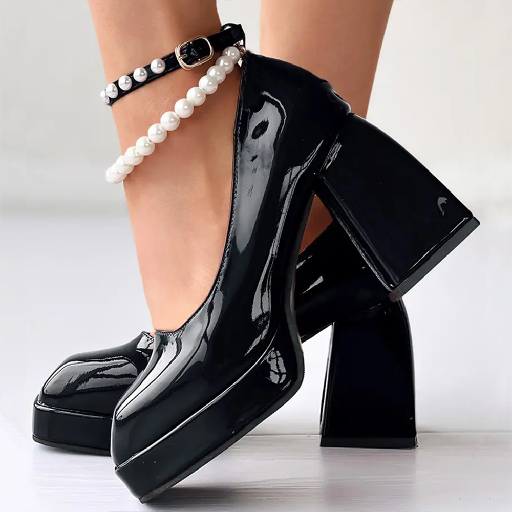 Full Color Patent Leather Platform Mary Janes Pearl Ankle Strap Chunky Heels