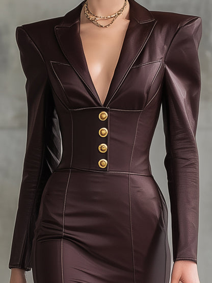 Angora  Imitation Leather Suit Collar Button Midi Dress
