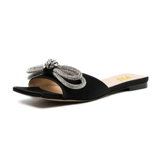 Elegant Black Satin Open Square Toe Rhinestone Bow Flat Mules