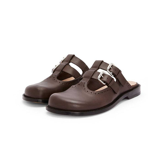 Dark Brown Vegan Leather Buckle Fastening Strap Mary Jane Mules