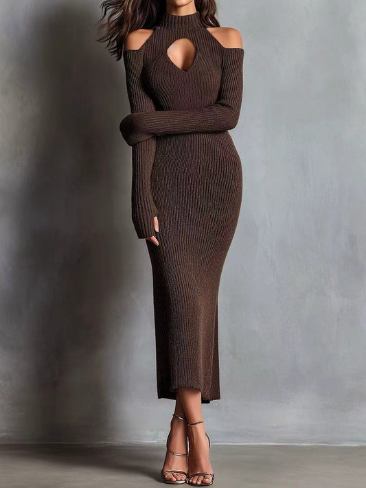 Elegant Brown Ribbed Knit Keyhole Cutout Bodycon Midi Dress