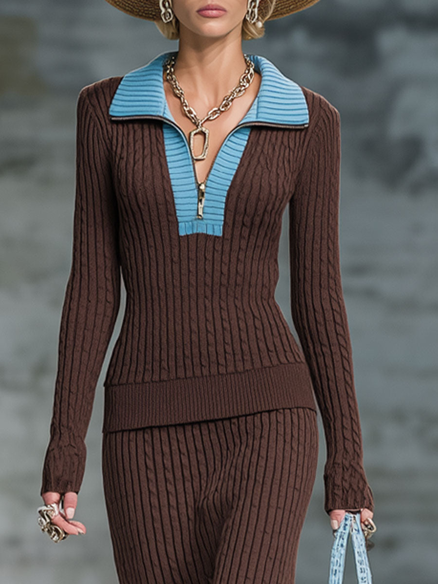 Fashion Retro Blue Lapel Cocoa Brown Knitted Cable Sweater Skirt Set