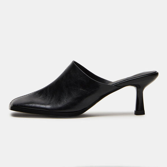 Elegant Black Square Toe Mid Flared Heel Women's Mules Shoes